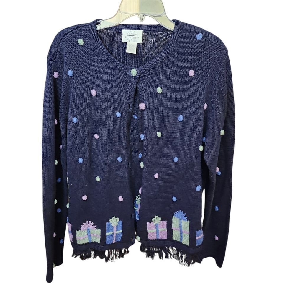 Christopher &‎ Banks VTG Hand Embroidered Birthday Christmas cardigan sweater LG